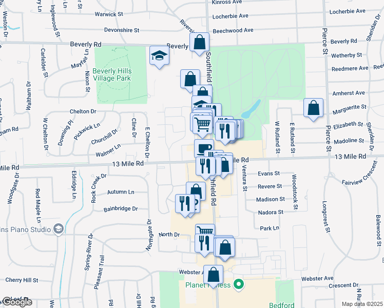 map of restaurants, bars, coffee shops, grocery stores, and more near 18204-18240 West 13 Mile Road in Beverly Hills