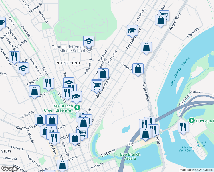 map of restaurants, bars, coffee shops, grocery stores, and more near 900 Rhomberg Avenue in Dubuque