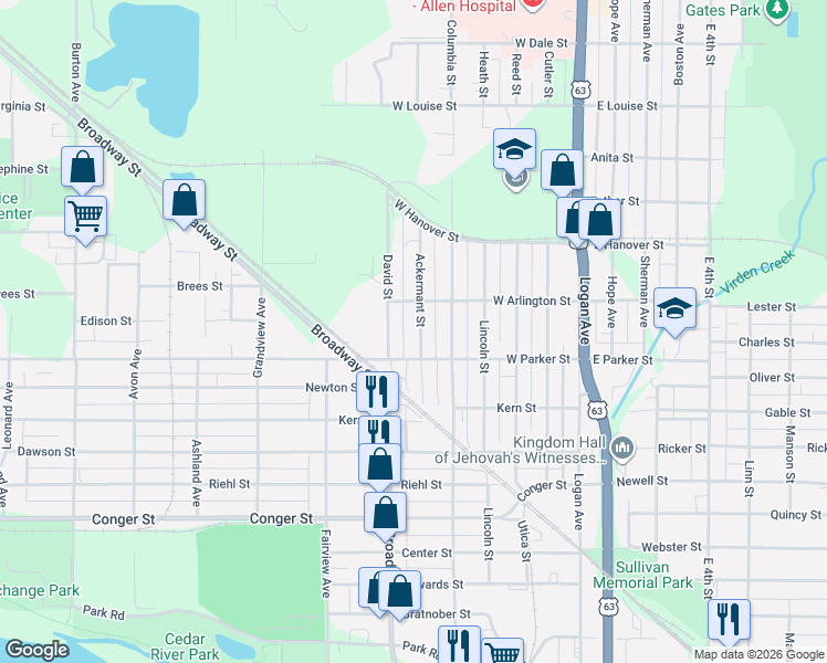 map of restaurants, bars, coffee shops, grocery stores, and more near 1123 Ackermant Street in Waterloo