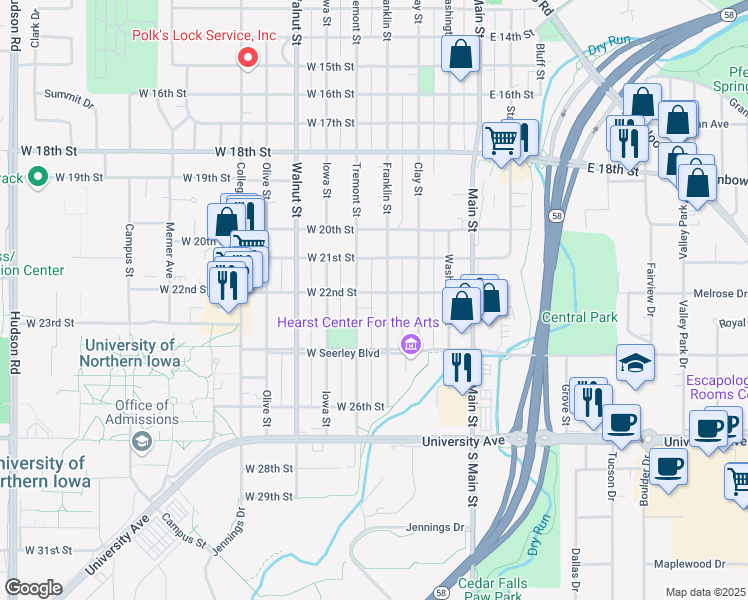 map of restaurants, bars, coffee shops, grocery stores, and more near 2204 Franklin Street in Cedar Falls