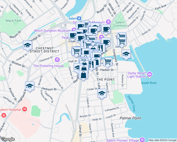map of restaurants, bars, coffee shops, grocery stores, and more near 5 Pond Street in Salem