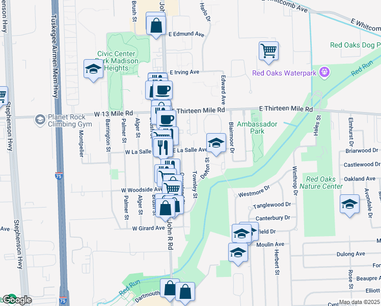map of restaurants, bars, coffee shops, grocery stores, and more near 30551 Townley Street in Madison Heights