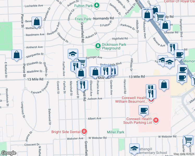 map of restaurants, bars, coffee shops, grocery stores, and more near 4304 West 13 Mile Road in Royal Oak
