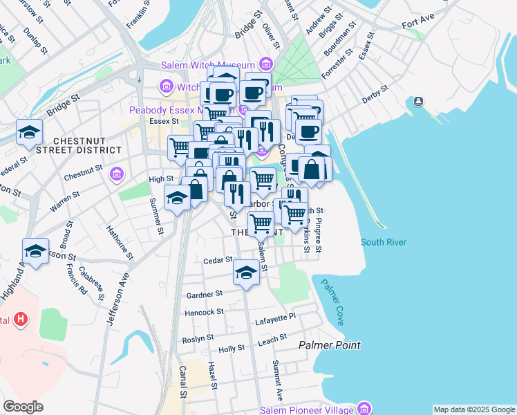 map of restaurants, bars, coffee shops, grocery stores, and more near 32 Harbor Street in Salem