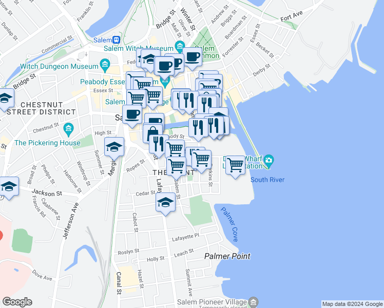 map of restaurants, bars, coffee shops, grocery stores, and more near 56 Harbor Street in Salem