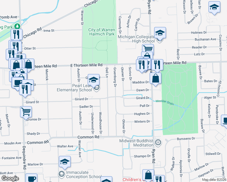 map of restaurants, bars, coffee shops, grocery stores, and more near 30535 Gruenburg Drive in Warren
