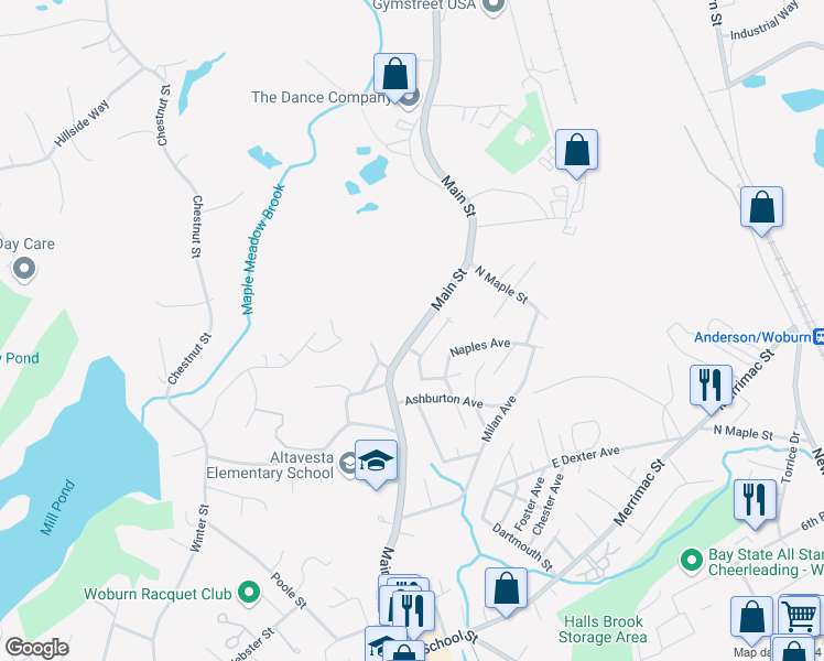map of restaurants, bars, coffee shops, grocery stores, and more near 1034 Main Street in Woburn