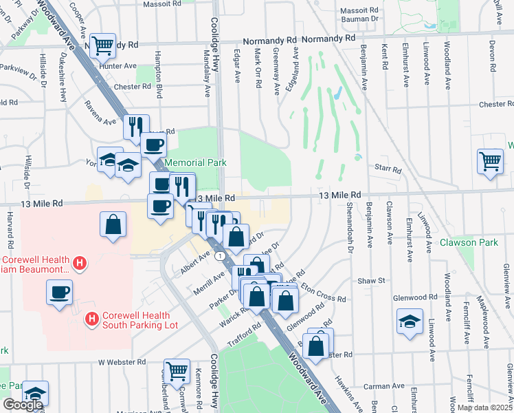map of restaurants, bars, coffee shops, grocery stores, and more near 3009 West 13 Mile Road in Royal Oak