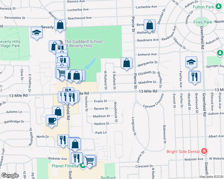 map of restaurants, bars, coffee shops, grocery stores, and more near 17240 13 Mile Road in Beverly Hills