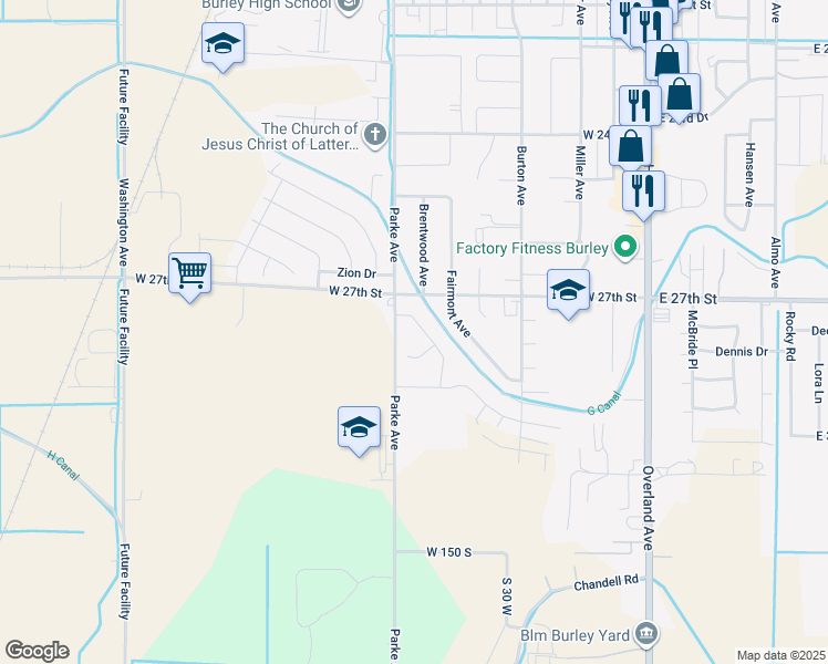map of restaurants, bars, coffee shops, grocery stores, and more near 2740 Mount Harrison Drive in Burley