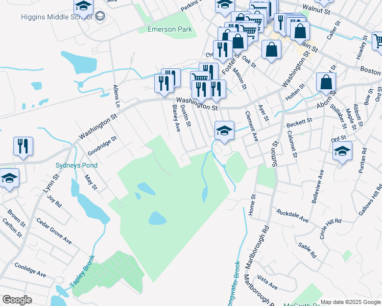 map of restaurants, bars, coffee shops, grocery stores, and more near 53 Adelaide Avenue in Peabody
