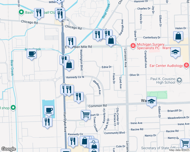 map of restaurants, bars, coffee shops, grocery stores, and more near 8351 Kennedy Circle North in Warren