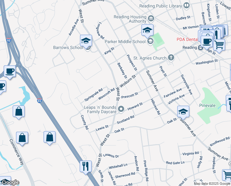 map of restaurants, bars, coffee shops, grocery stores, and more near 201 West Street in Reading