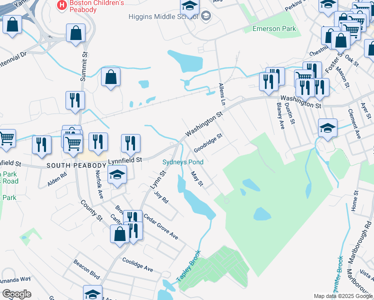 map of restaurants, bars, coffee shops, grocery stores, and more near 1 May Street in Peabody