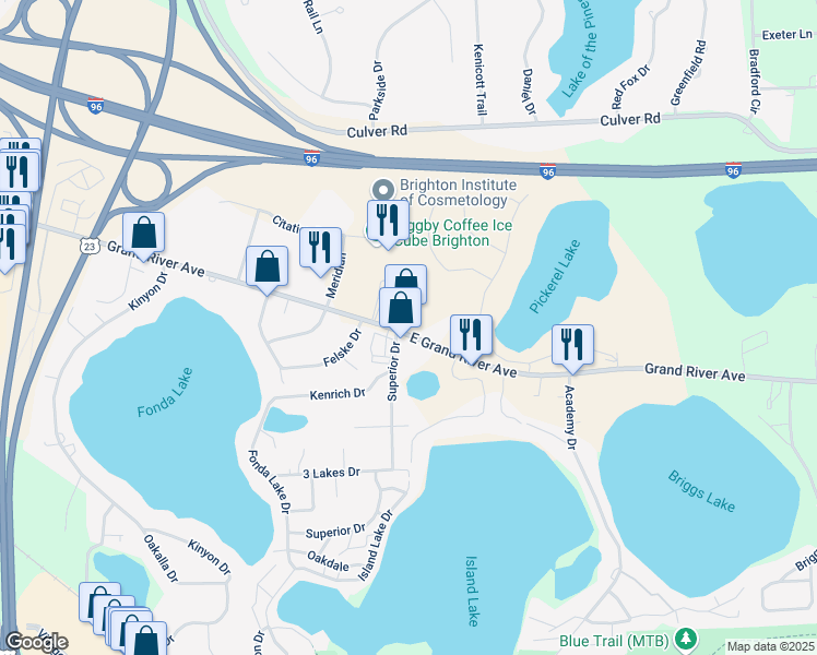 map of restaurants, bars, coffee shops, grocery stores, and more near 10611 East Grand River Avenue in Brighton