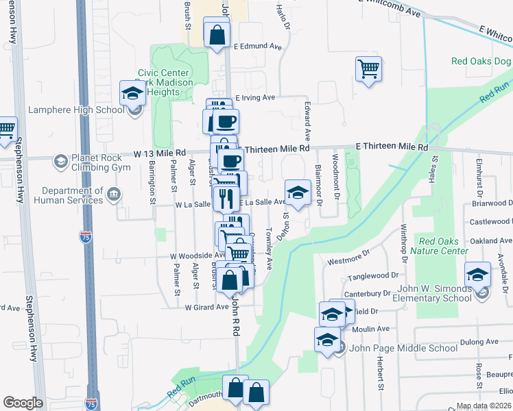 map of restaurants, bars, coffee shops, grocery stores, and more near 30551 Townley Street in Madison Heights