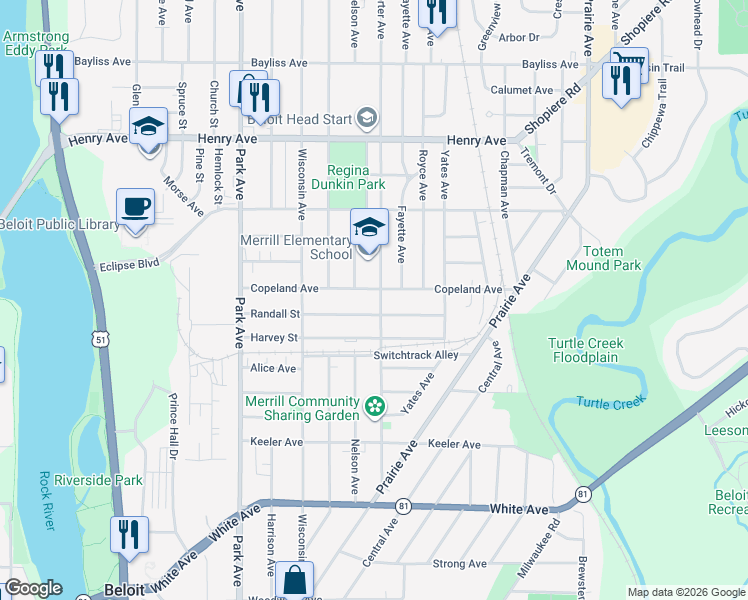 map of restaurants, bars, coffee shops, grocery stores, and more near 1541 Porter Avenue in Beloit