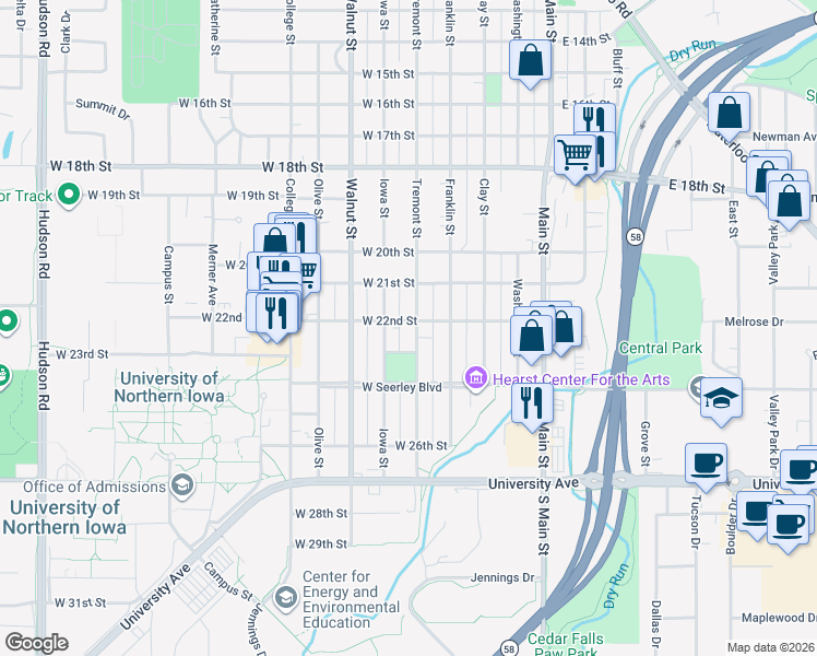 map of restaurants, bars, coffee shops, grocery stores, and more near 504 West 22nd Street in Cedar Falls