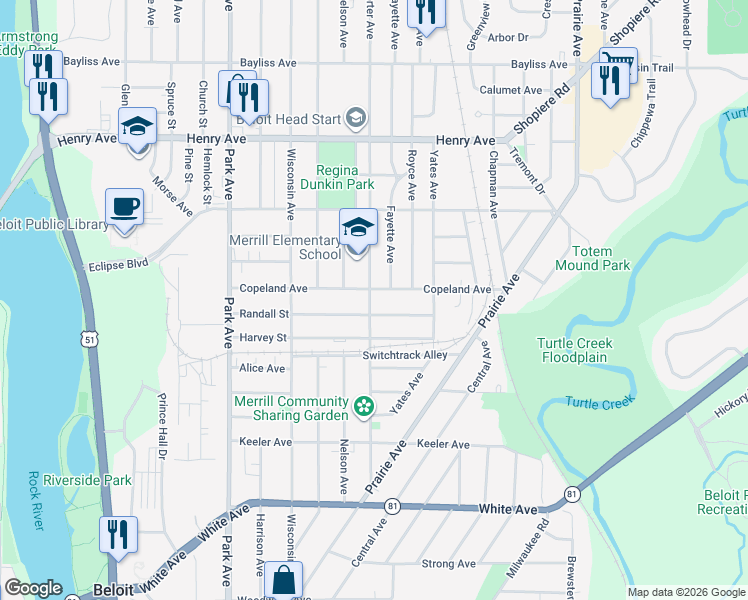 map of restaurants, bars, coffee shops, grocery stores, and more near 1541 Porter Avenue in Beloit
