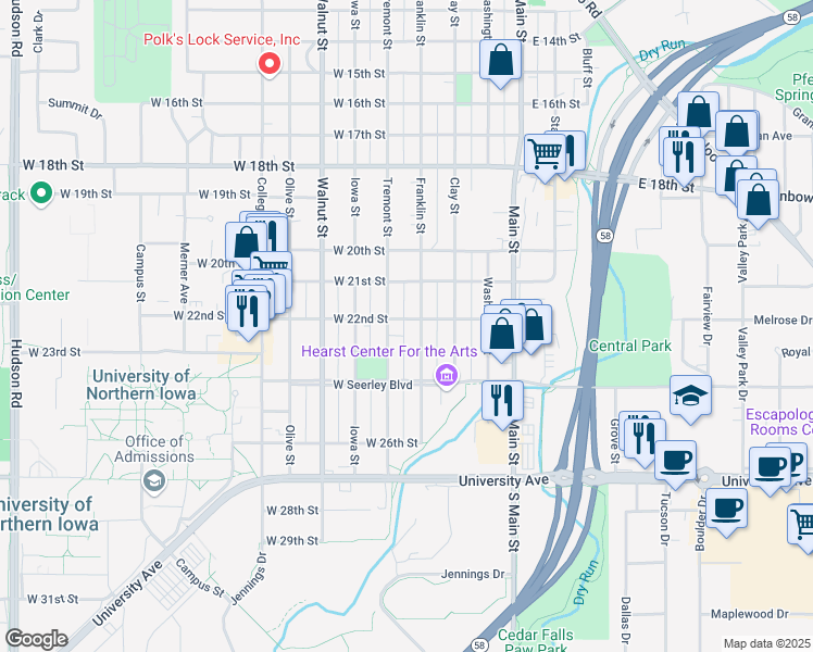 map of restaurants, bars, coffee shops, grocery stores, and more near 2204 Franklin Street in Cedar Falls