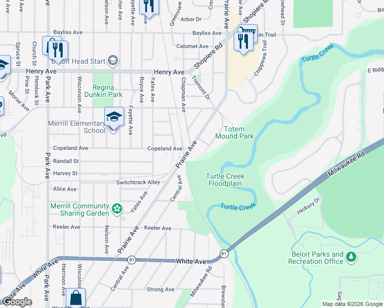map of restaurants, bars, coffee shops, grocery stores, and more near 1585 Prairie Avenue in Beloit