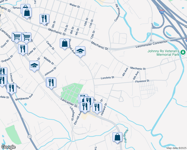 map of restaurants, bars, coffee shops, grocery stores, and more near 158 Viscoloid Avenue in Leominster
