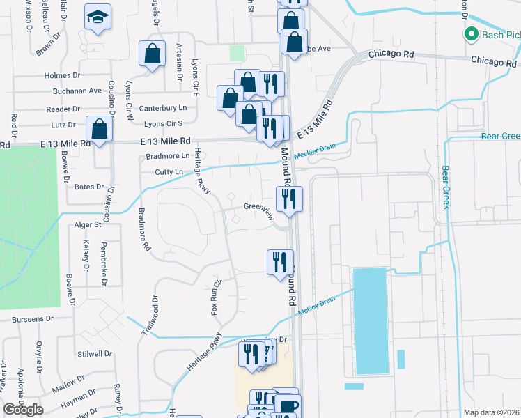 map of restaurants, bars, coffee shops, grocery stores, and more near 5887 Olds Court in Warren