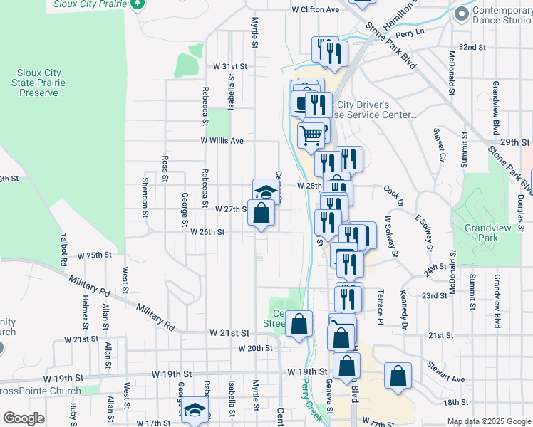 map of restaurants, bars, coffee shops, grocery stores, and more near 1114 West 27th Street in Sioux City