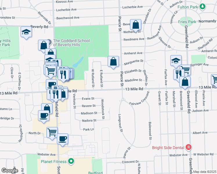 map of restaurants, bars, coffee shops, grocery stores, and more near 17058 13 Mile Road in Beverly Hills