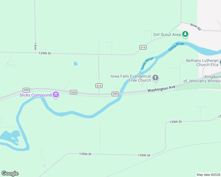 map of restaurants, bars, coffee shops, grocery stores, and more near 19402 County Road D15 in Iowa Falls