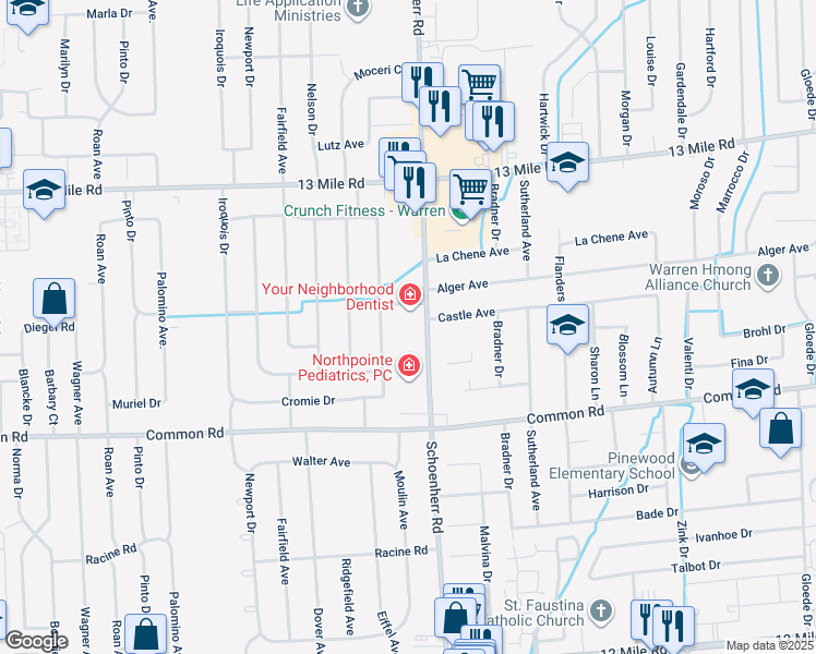 map of restaurants, bars, coffee shops, grocery stores, and more near 30229 Schoenherr Road in Warren
