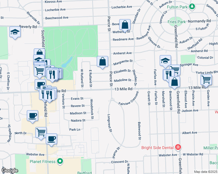 map of restaurants, bars, coffee shops, grocery stores, and more near 16926 13 Mile Road in Beverly Hills