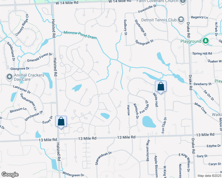 map of restaurants, bars, coffee shops, grocery stores, and more near 36800 Greenspring Street in Farmington Hills