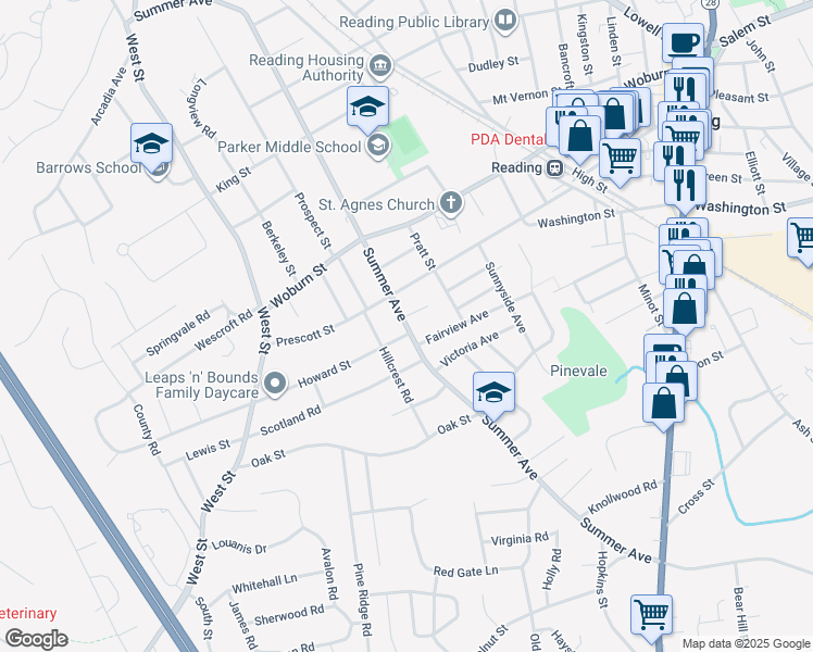 map of restaurants, bars, coffee shops, grocery stores, and more near Summer Avenue in Reading