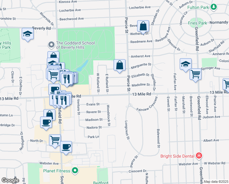 map of restaurants, bars, coffee shops, grocery stores, and more near 17058 13 Mile Road in Beverly Hills