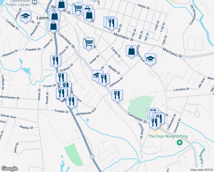 map of restaurants, bars, coffee shops, grocery stores, and more near 226 Lancaster Street in Leominster