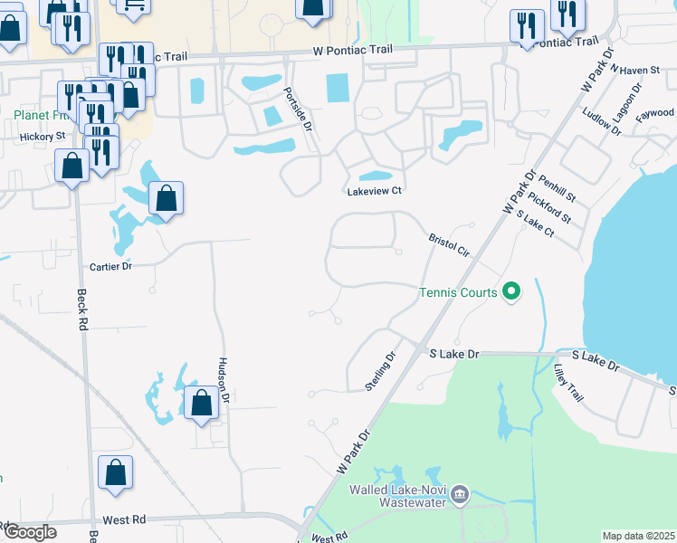 map of restaurants, bars, coffee shops, grocery stores, and more near 45767 Bristol Cir in Novi