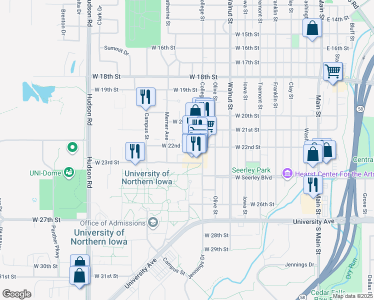 map of restaurants, bars, coffee shops, grocery stores, and more near 1010 W 22nd St in Cedar Falls