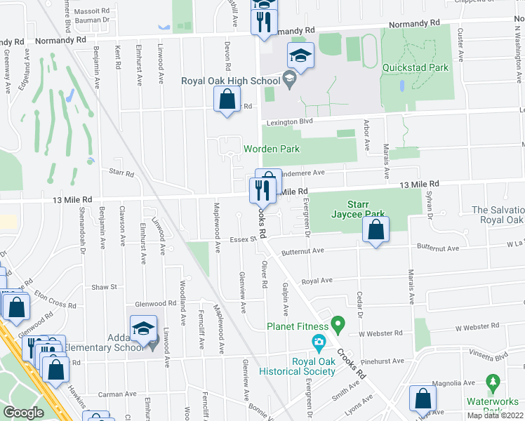 map of restaurants, bars, coffee shops, grocery stores, and more near 3204 Crooks Rd in Royal Oak