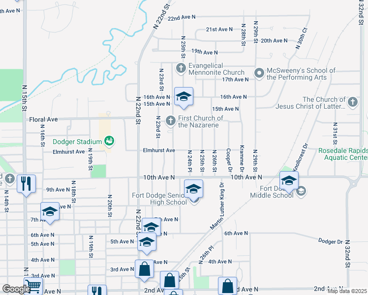 map of restaurants, bars, coffee shops, grocery stores, and more near 2422 Elmhurst Avenue in Fort Dodge