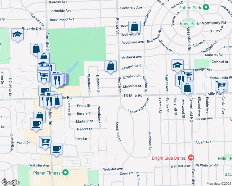 map of restaurants, bars, coffee shops, grocery stores, and more near 16926 13 Mile Road in Beverly Hills