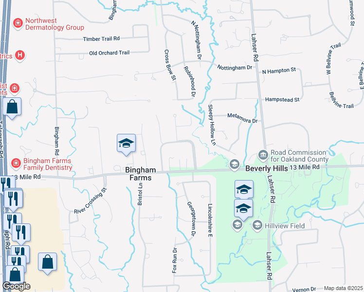 map of restaurants, bars, coffee shops, grocery stores, and more near 31119 Old Stage Road in Beverly Hills