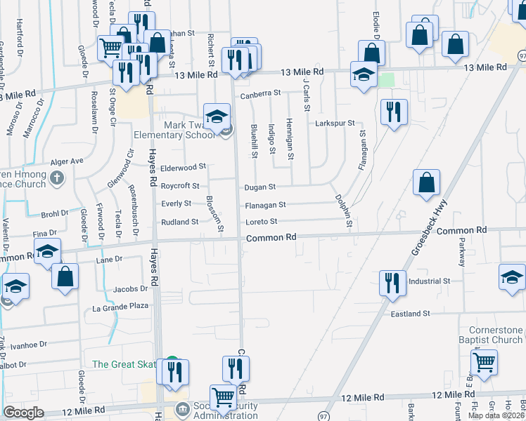 map of restaurants, bars, coffee shops, grocery stores, and more near 15666 Flanagan Street in Roseville