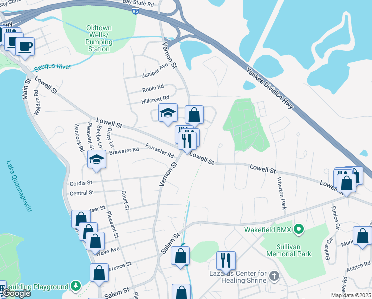 map of restaurants, bars, coffee shops, grocery stores, and more near 380 Lowell Street in Wakefield