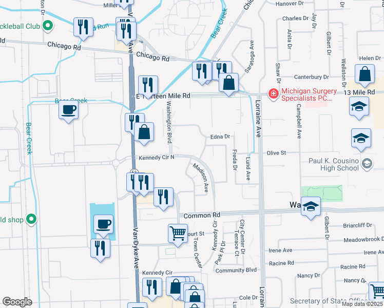 map of restaurants, bars, coffee shops, grocery stores, and more near 8351 Kennedy Circle North in Warren