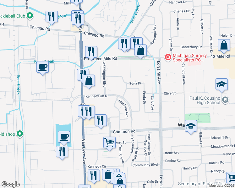 map of restaurants, bars, coffee shops, grocery stores, and more near 8351 Kennedy Circle North in Warren