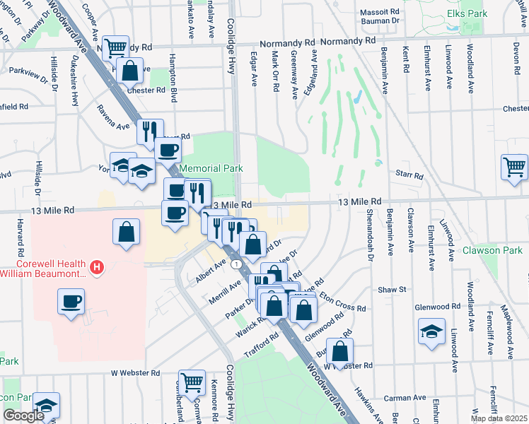 map of restaurants, bars, coffee shops, grocery stores, and more near 3019 13 Mile Road in Royal Oak