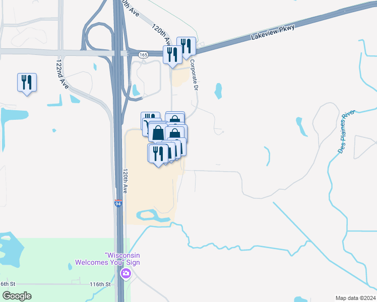 map of restaurants, bars, coffee shops, grocery stores, and more near 58 116th Avenue in Pleasant Prairie
