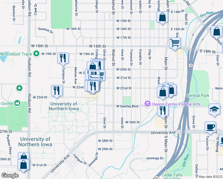map of restaurants, bars, coffee shops, grocery stores, and more near 710 West 22nd Street in Cedar Falls