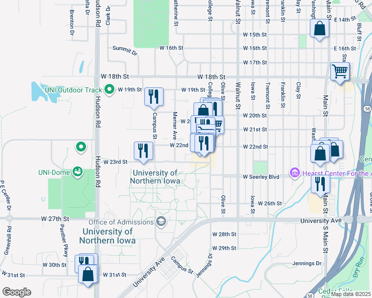 map of restaurants, bars, coffee shops, grocery stores, and more near in Cedar Falls